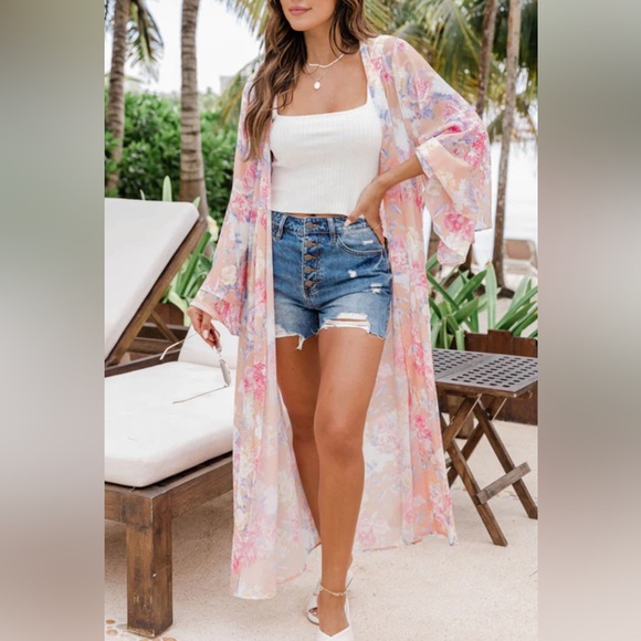 Jackets & Blazers - Pink Whimsy Floral Duster Kimono